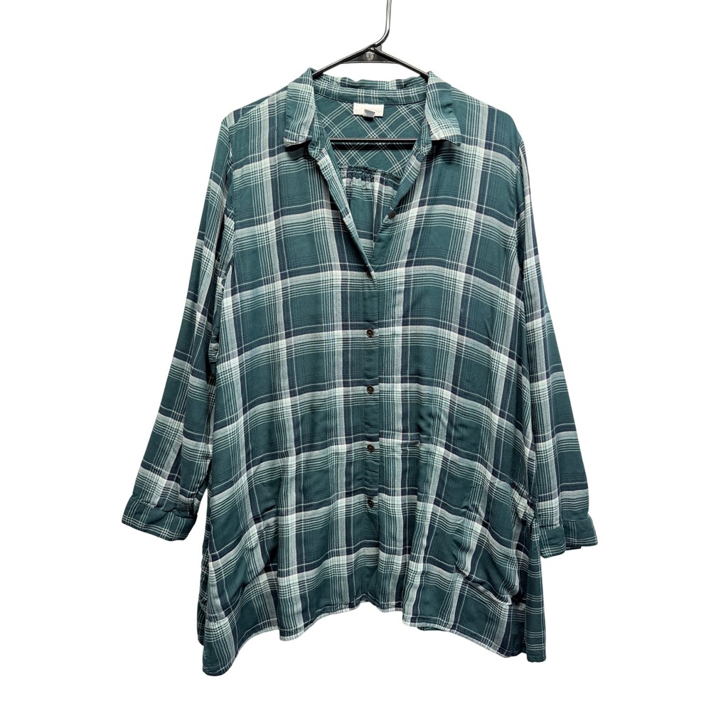 J. Jill Womens Large Green Plaid Button Down Long Sleeve Oversized Tunic Shirt